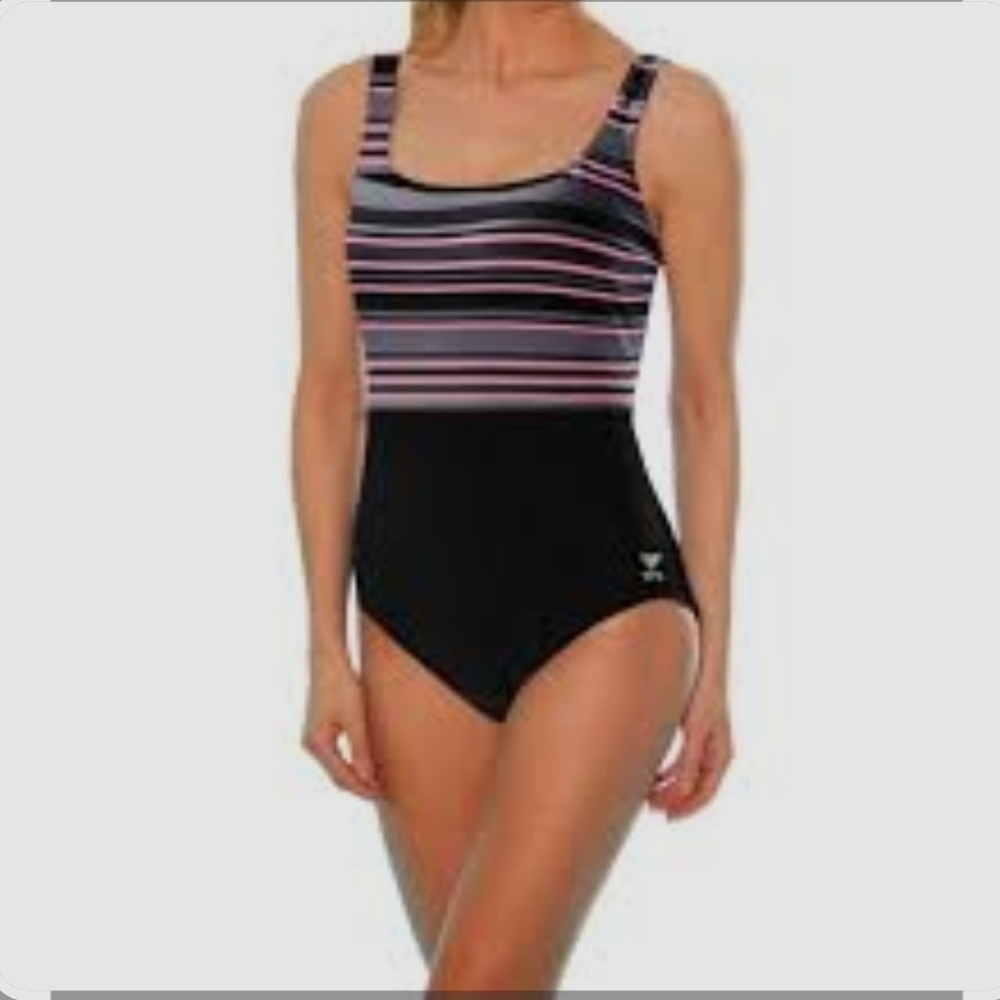 TYR Delray Straight Neck Control Fit Pink/black 1 Piece Swimsuit Sz 8 New